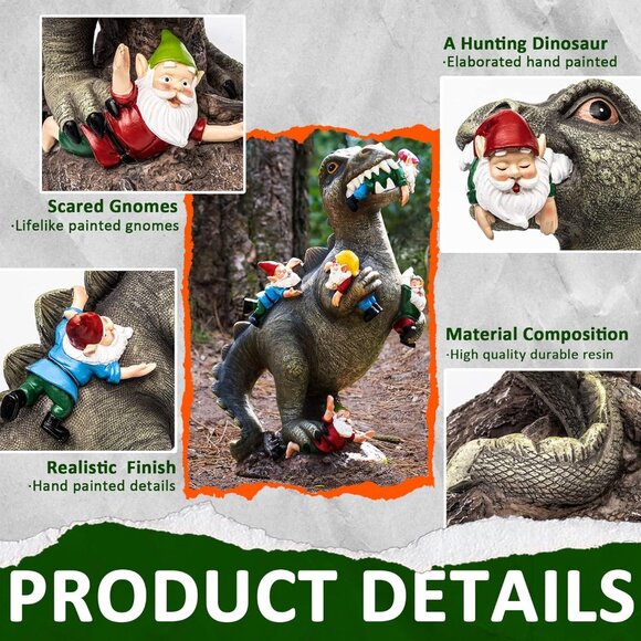 Garden Gnomes Statues Yard Decorations Outdoor Garden Decor, 14” Dinosaur Gnomes - Picture 3 of 9